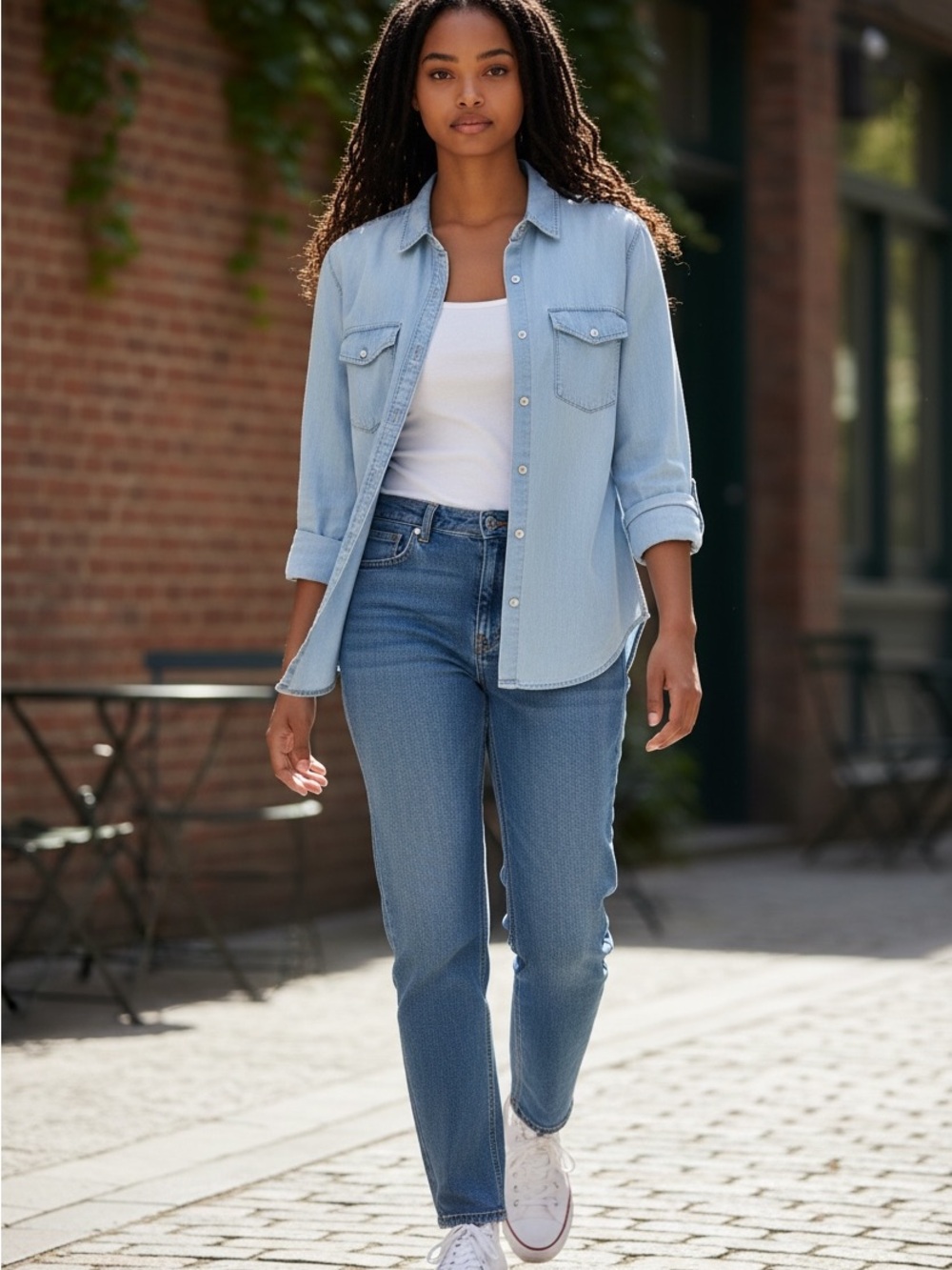 &Denim Light Blue Denim-Style women's  Shirt size 8